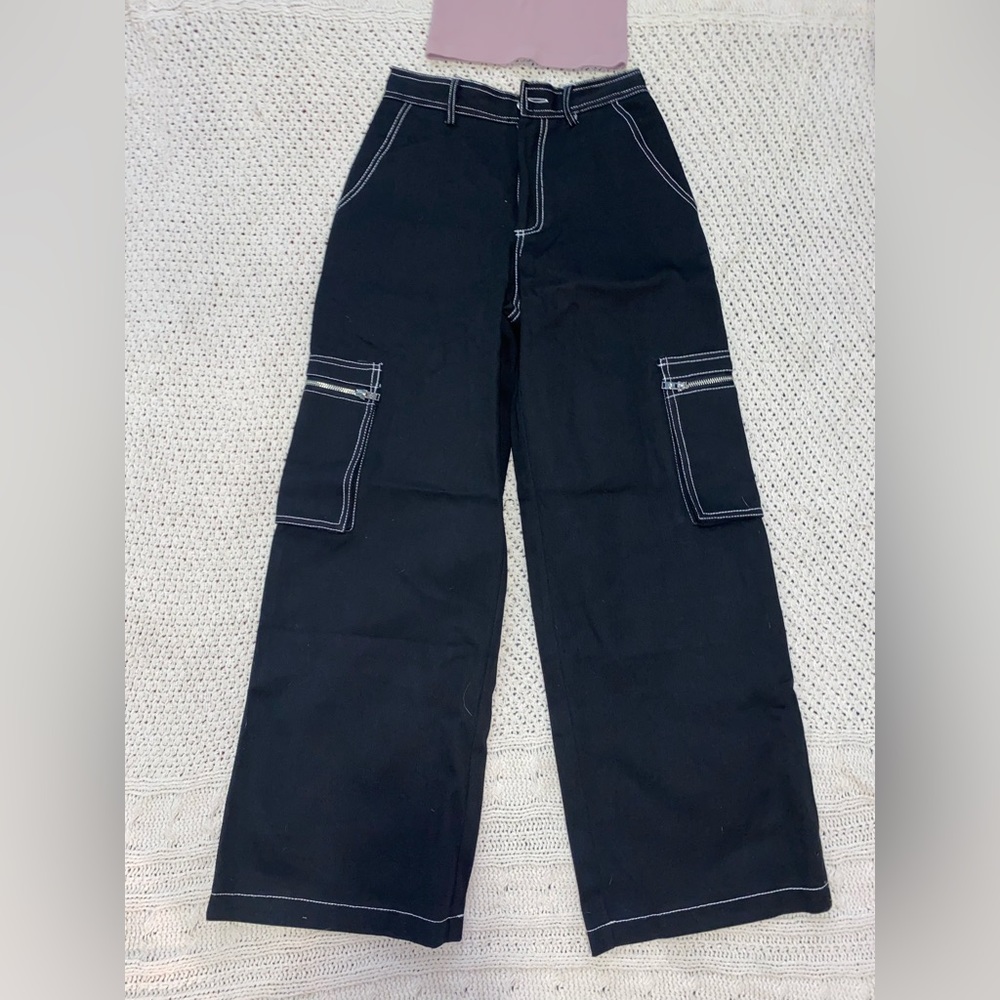 Current Mood Black Wide Leg Cargo Pants with White Stitching